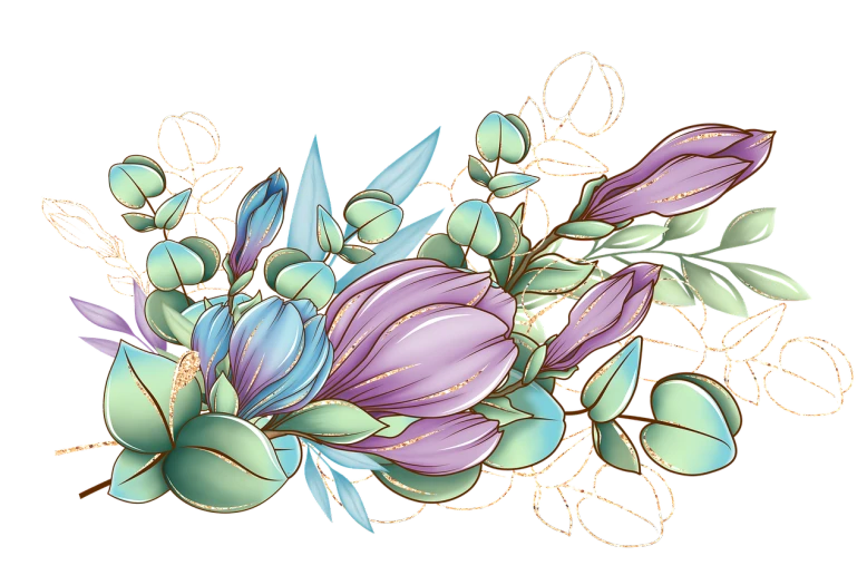 a bouquet of flowers on a black background, a digital rendering, inspired by Joe Fenton, trending on polycount, art nouveau, magnolia leaves and stems, decorative border, colored screentone, gilded lotus princess