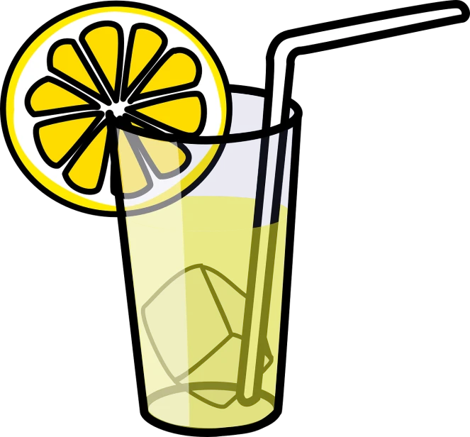 a glass of lemonade with a straw and a slice of lemon, a digital rendering, inspired by Masamitsu Ōta, pixabay, pop art, black and yellow color scheme, crystal refraction of light, cartoonish and simplistic, high detail illustration