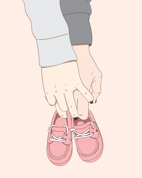 a person holding a pair of pink shoes, a detailed drawing, tumblr, romanticism, father holds child in the hand, 5 fingers, style of anime, contrasted color