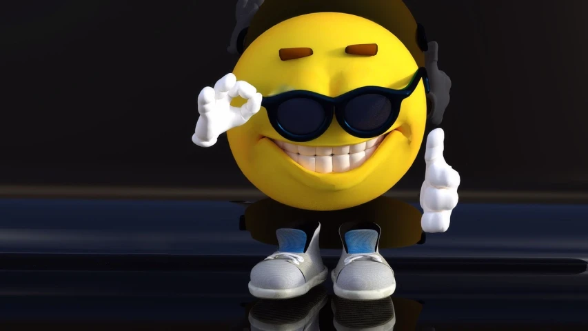 a yellow smiley face wearing sunglasses and a hat, a 3D render, inspired by Michael Ray Charles, thumbs up, hd phone wallpaper, evil standing smiling pose, dr zeus