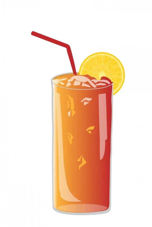 a glass of orange juice with a straw and a slice of lemon, vector art, by Allen Jones, sōsaku hanga, tall iced tea glass, red and orange color scheme, side perspective, hurricane