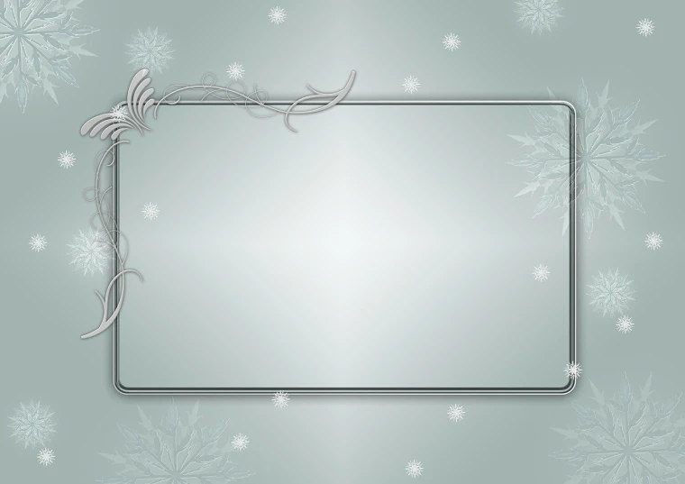 a silver frame surrounded by snowflakes on a blue background, a pastel, art deco, gray dull background, modern very sharp photo