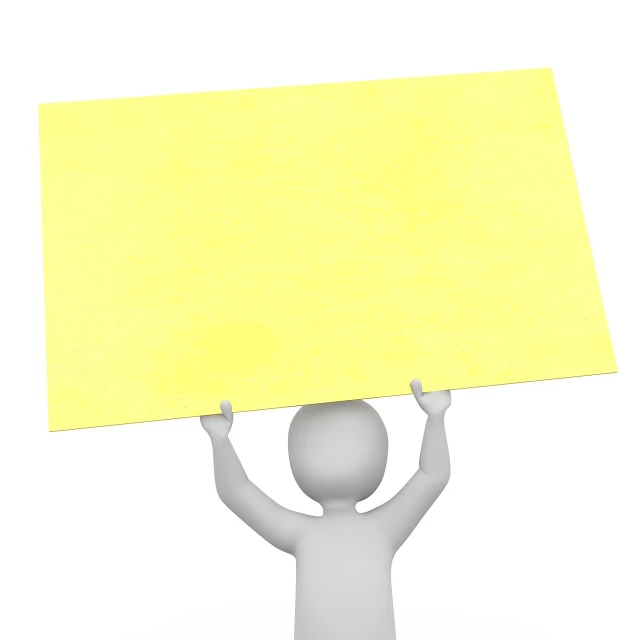 a person holding up a yellow piece of paper, by Tom Carapic, trending on pixabay, conceptual art, 2 d cg, signboards, solid colours material, isolated on whites