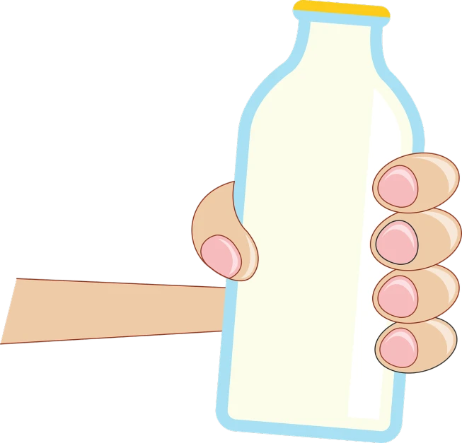 a hand holding a bottle of milk, by Hugh Hughes, pixabay, conceptual art, no gradients, super detail of each object, cuts, mule