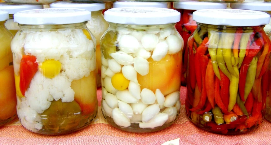 several jars of pickled vegetables sitting on a table, pixabay, mozzarella, open synthetic maw, inside a cavernous stomach, citrinitas