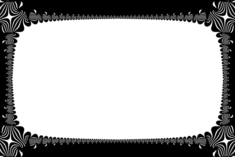 a black and white frame on a black background, lineart, by Andrei Kolkoutine, deviantart, ascii art, black and white with hearts, long shot wide shot full shot, filigree border, [ cinematic