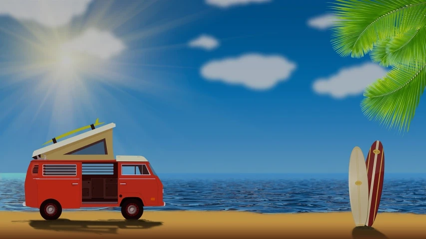 a van parked on the beach next to a surfboard, a digital rendering, pixabay contest winner, sunny day background, from the 7 0 s, avatar image, caravan