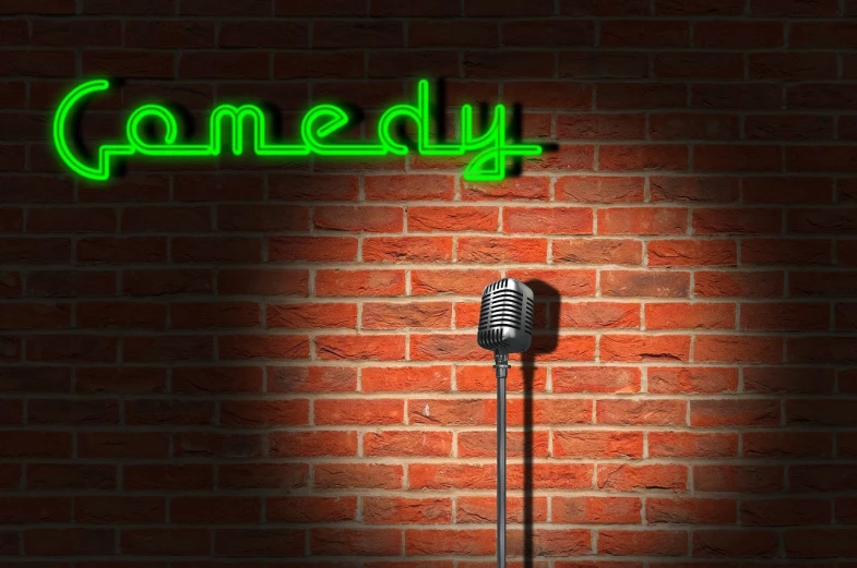 a microphone sitting in front of a brick wall, a picture, by Robert Medley, shutterstock, green neon signs, comedy, background image, 1 0 / 1 0 comedy