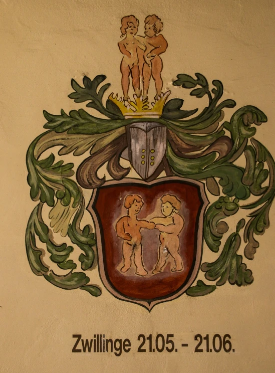 a coat of arms painted on the side of a building, by Hinchel Or, flickr, decoration around the room, wrestling, posing for a fight intricate, painting in luminist style