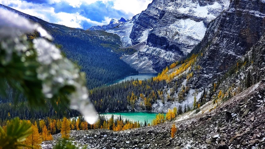 a view of a mountain with a lake in the foreground, a photo, by Hazel Armour, pexels, fine art, ocher and turquoise colors, toronto, glacier, forest with lake