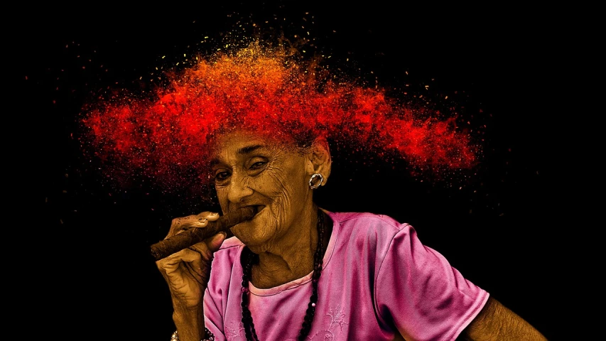 a man with red hair is smoking a cigar, a colorized photo, pixabay contest winner, digital art, an old lady with red skin, an explosion of colors, 30-year-old woman from cuba, orange halo around her head