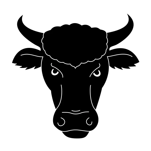 a black and white silhouette of a bull's head, shutterstock, with a large head and big eyes, afro, stern, with narrow nose