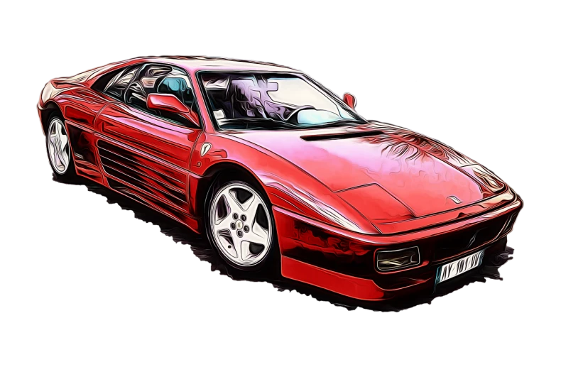 a red sports car on a black background, trending on pixabay, pop art, 80s outrun, art nouveau ferarri car, cel-shading style, painted in oil colours