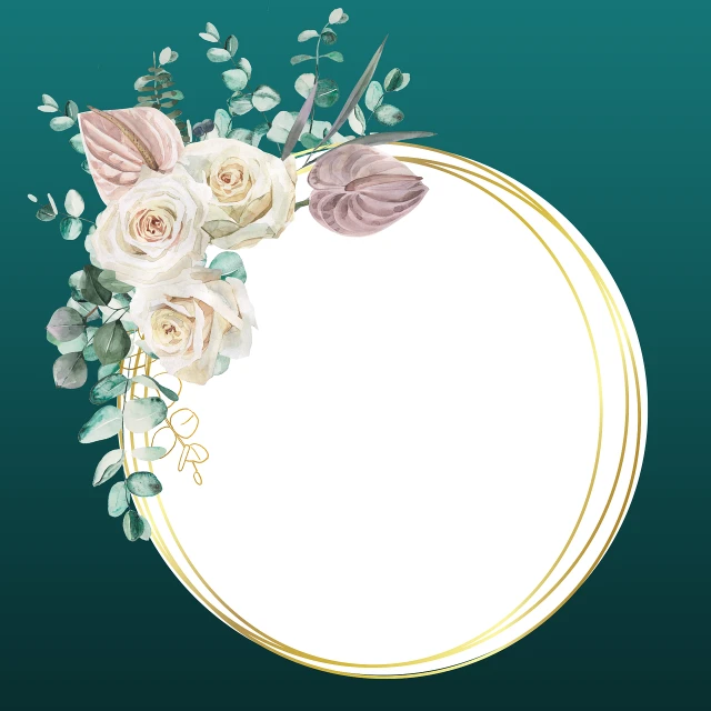 a round frame with flowers and leaves on a green background, shutterstock, white and gold color scheme, abstract smokey roses, white and teal metallic accents, romantic greenery