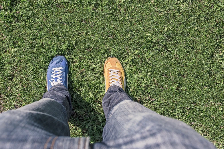 a person standing on top of a lush green field, blue jeans and grey sneakers, coloured in blueberra and orange, adult pair of twins, in retro colors