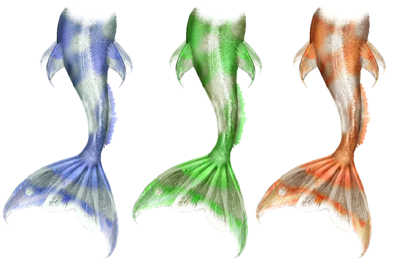 three different colored mermaid tails on a black background, a raytraced image, by Jon Coffelt, trending on zbrush central, koi colors, back shark fin, silver dechroic details, blue-green fish skin