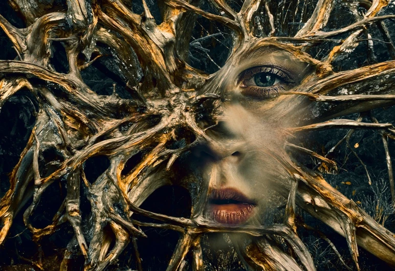 a close up of a person's face with a tree in the background, inspired by Igor Morski, digital art, branches composition abstract, kris kuksi, karol bak of emma watson nun, thorn crown