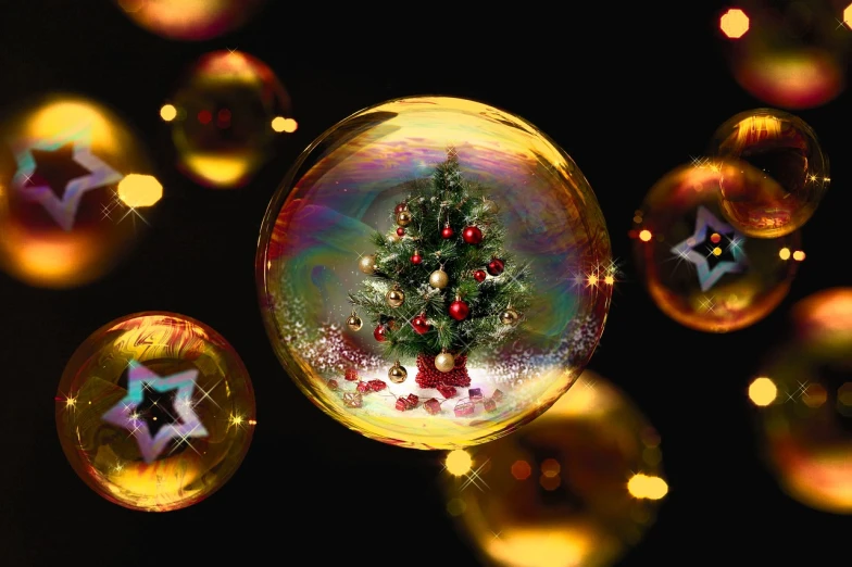 a snow globe with a christmas tree inside of it, a picture, by Aleksander Gierymski, soap bubbles, bubbling skin, iphone wallpaper, 💣 💥💣 💥