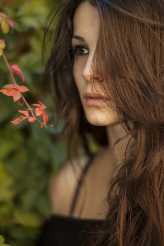 a close up of a woman with long hair, inspired by Elsa Bleda, shutterstock, art photography, with ivy, autumn, thin dof, photorealistic photography