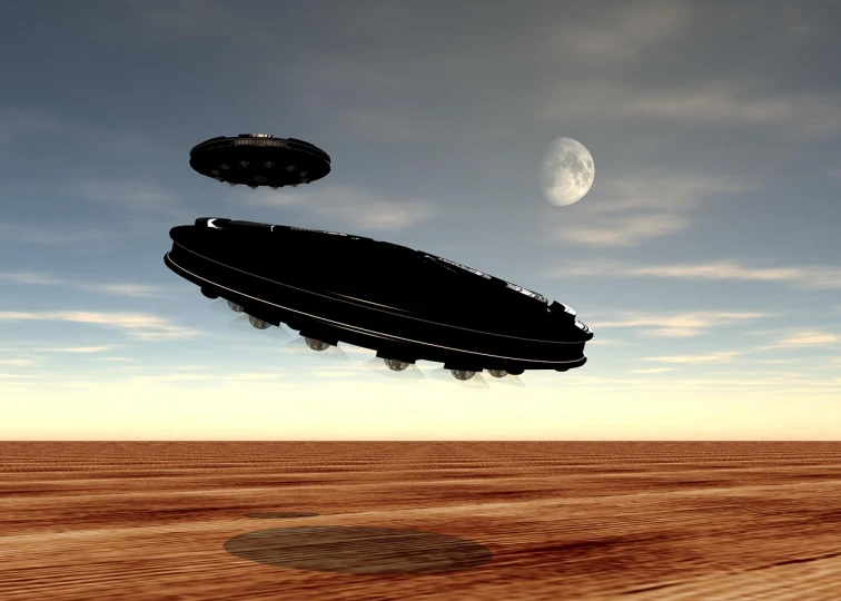 a couple of spaceships that are flying in the sky, by Jon Coffelt, pixabay, surrealism, aliens arriving dune, random circular platforms, black moons, ufotable