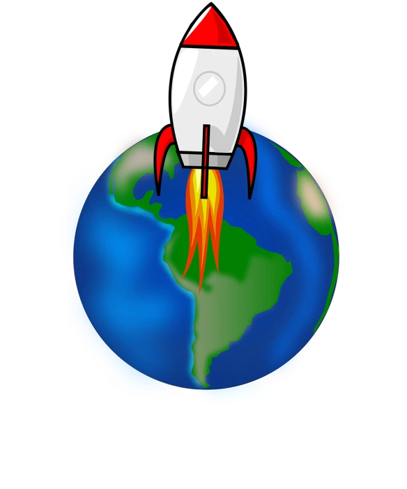 a cartoon picture of a rocket flying over the earth, a digital rendering, by Tom Carapic, !!! very coherent!!! vector art, stunning screenshot, clipart, flash photo