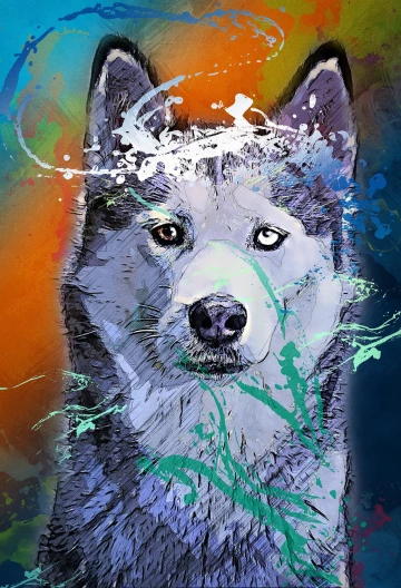 a close up of a painting of a dog, a digital painting, inspired by Wolf Huber, trending on pixabay, furry art, splashed with graffiti art, husky in shiny armor, mixed media style illustration, christian saint