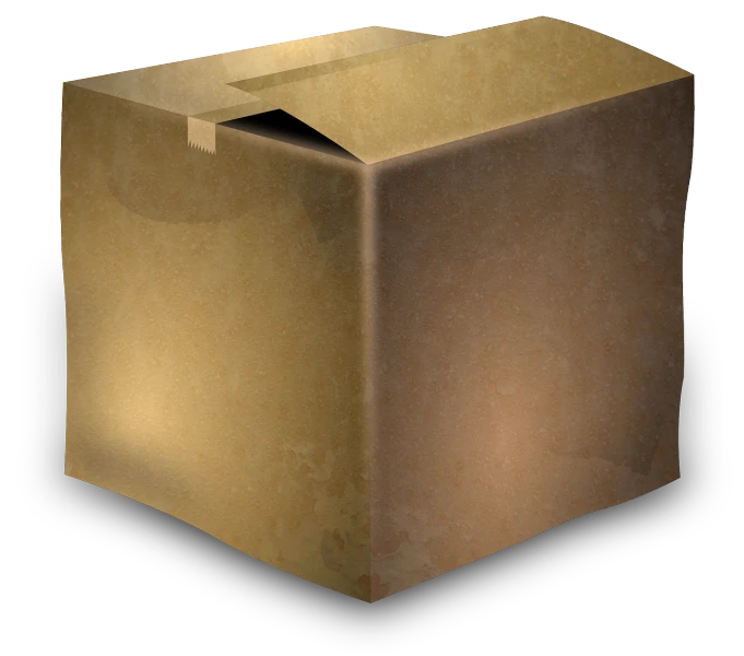 a brown box sitting on top of a black tray, by Randy Post, deviantart, inventory item, bag, solid cube of light, tan