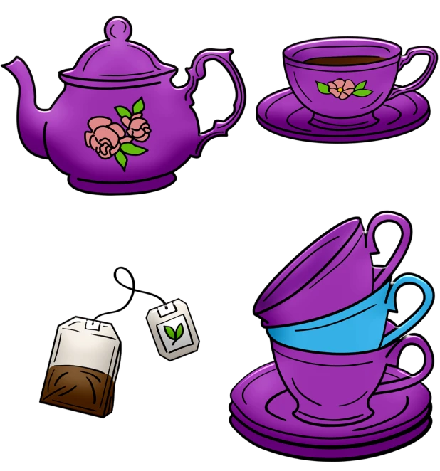 a purple teapot sitting on top of a plate next to a cup and saucer, a digital rendering, inspired by Violet Fuller, deviantart, on a flat color black background, set of high quality hd sprites, intricate details illustration, various items