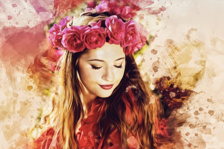 a woman with a flower crown on her head, a digital painting, digital art, very realistic painting effect, happy girl, roses in her hair, painting style