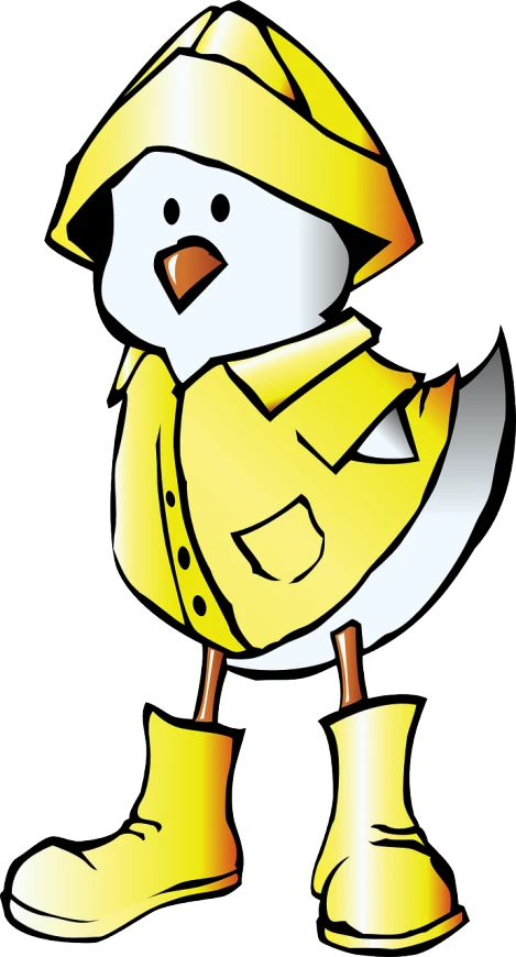 a cartoon chicken wearing a raincoat and rubber boots, a cartoon, inspired by Jacob Duck, pixabay, mingei, gold and white cloak, trenchcoat, stylised fox - like appearance, illustration pokemon