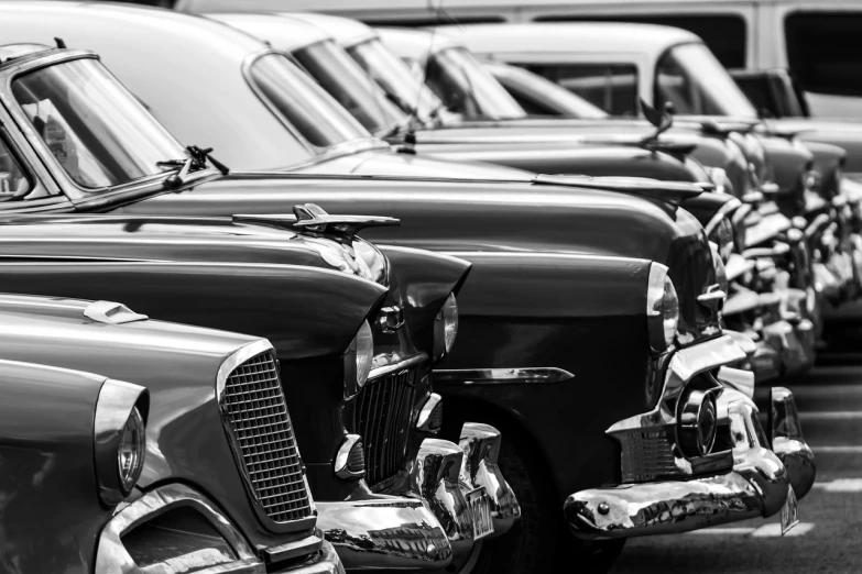 a row of old cars parked in a parking lot, a portrait, by Sven Erixson, shutterstock, precisionism, monochrome background, 15081959 21121991 01012000 4k, parade, glossy reflections