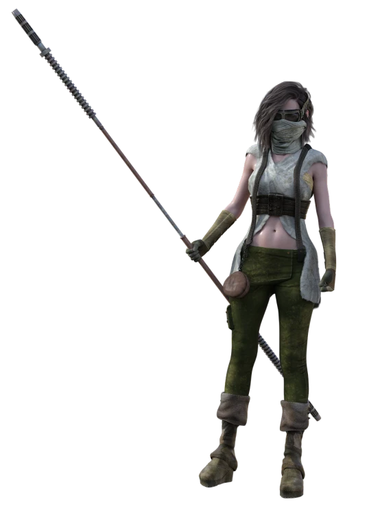 a woman with a sword standing in front of a black background, concept art, postapocalyptic grunge, low quality 3d model, render of a cute 3d anime girl, fully body photo