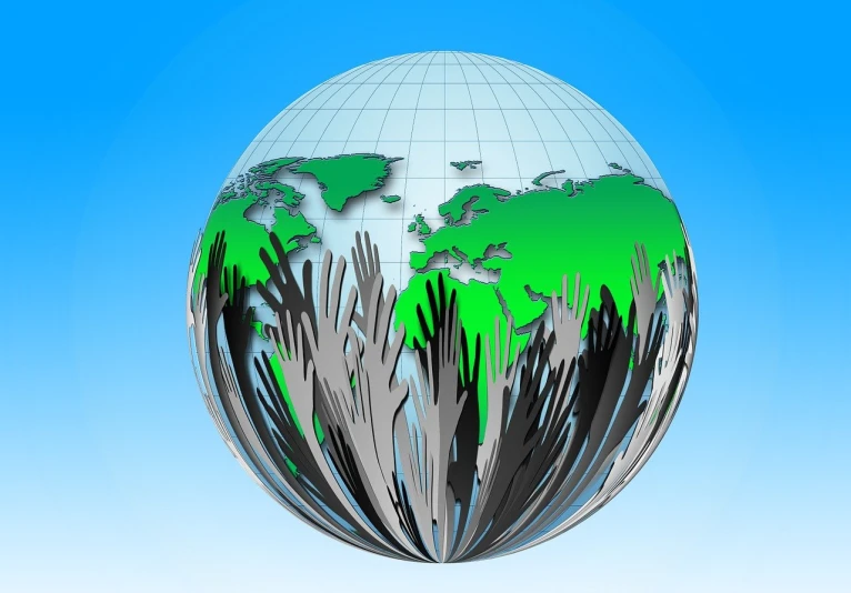 a glass globe with a map of the world on it, a digital rendering, by Jon Coffelt, happening, too many hands in all directions, immense crowd of people, stylised illustration, many fingers