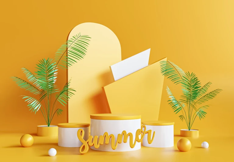 a sign that says summer next to some potted plants, a 3D render, by jeonseok lee, trending on behance, conceptual art, yellow and orange color scheme, abstract geometric sculpture, rounded architecture, 3d clay render