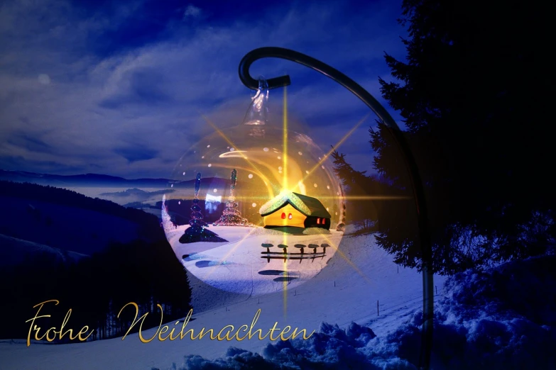 a picture of a picture of a house in the snow, a picture, inspired by Matthias Weischer, glass ball, cabin lights, cd cover artwork, hight decorated