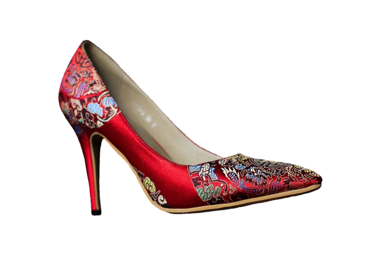 a pair of red high heel shoes on a black background, renaissance, cheongsam, side view intricate details, multi colour, full product shot