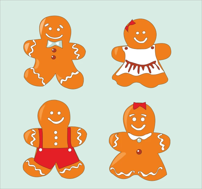 a group of three ginger men standing next to each other, an illustration of, naive art, cookies, children illustration, happy couple, 4 colors