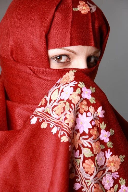 a woman wearing a red hijab covering her face, inspired by Modest Urgell, shutterstock, hurufiyya, embroidery, blank stare”, provocative indian, bosnian