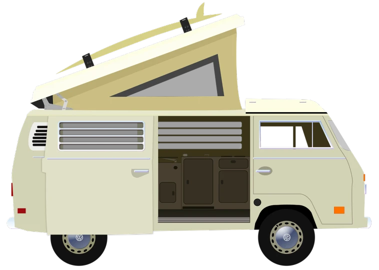 a white van with a surfboard on top of it, concept art, by Carey Morris, pixabay, minimalism, brown and cream color scheme, open top, caravan, cut-away