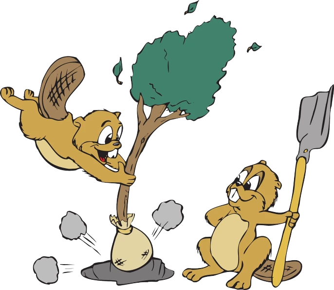 a couple of animals that are standing in the dirt, an illustration of, inspired by Hanna-Barbera, shutterstock, auto-destructive art, climbing a tree, servant squirrels, no gradients, svg illustration