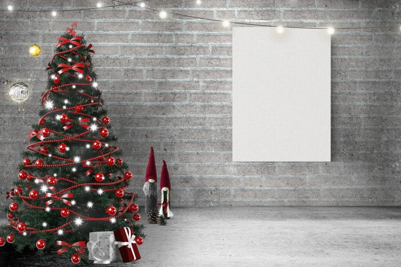 a decorated christmas tree in front of a brick wall, a picture, shutterstock, realism, whiteboards, 3 d render even lit, white concrete floor, clean photo