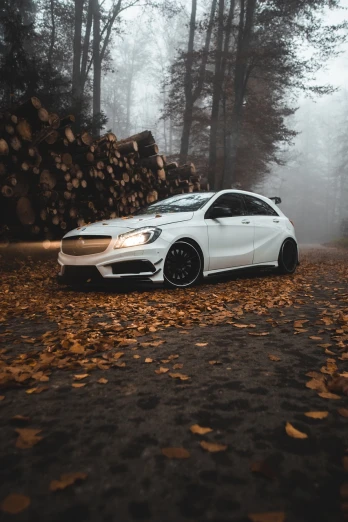 a white car parked in front of a pile of logs, pexels contest winner, 🍂 cute, mercedez benz, epic stance, moist foggy