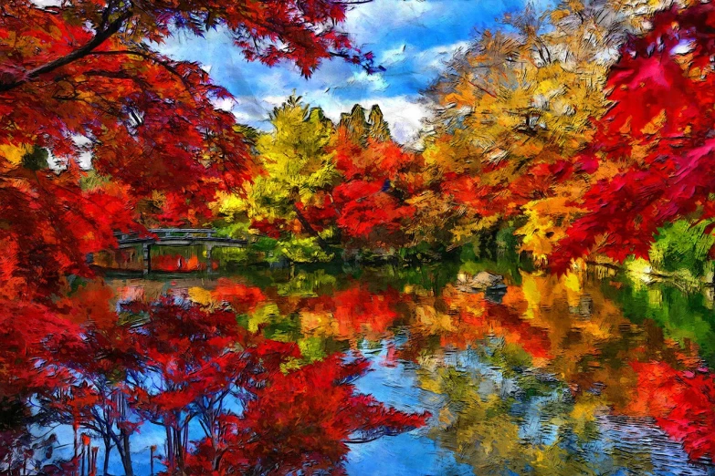 a painting of a pond surrounded by trees, a digital painting, by senior artist, shutterstock, fine art, vibrant autumn colors, genzoman, vibrant red colors, beautiful iphone wallpaper