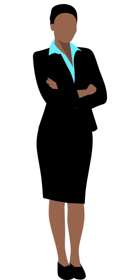 a woman standing in front of a black background, vector art, untextured, black tie, peggy hill, black and cyan color scheme