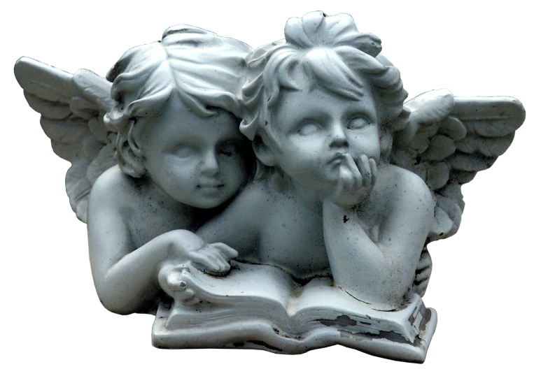 a statue of two angels reading a book, by Marie Angel, trending on pixabay, siamese twins, dark and white, eye - level view, screen cap