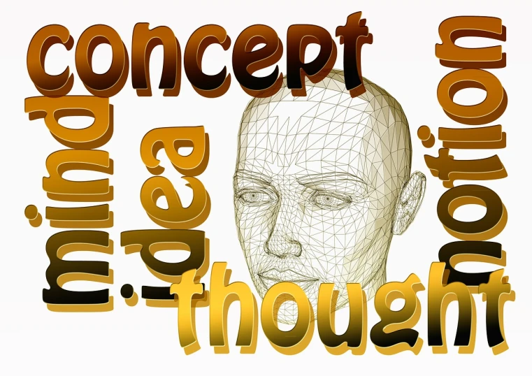 a drawing of a man's head with words surrounding it, concept art, inspired by Ernst Thoms, trending on pixabay, conceptual art, 3 d mesh, thinking pose, intricate 3 d sculpture, wide screenshot