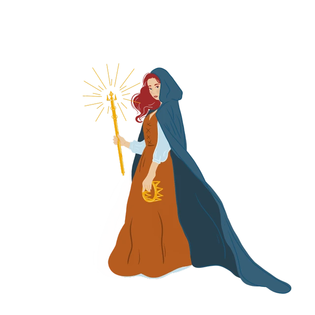 a woman dressed in medieval clothing holding a staff, concept art, inspired by Master of the Legend of Saint Lucy, renaissance, on a flat color black background, wearing star filled mage robes, devotion to the scarlet woman, sullen old maid ( redhead