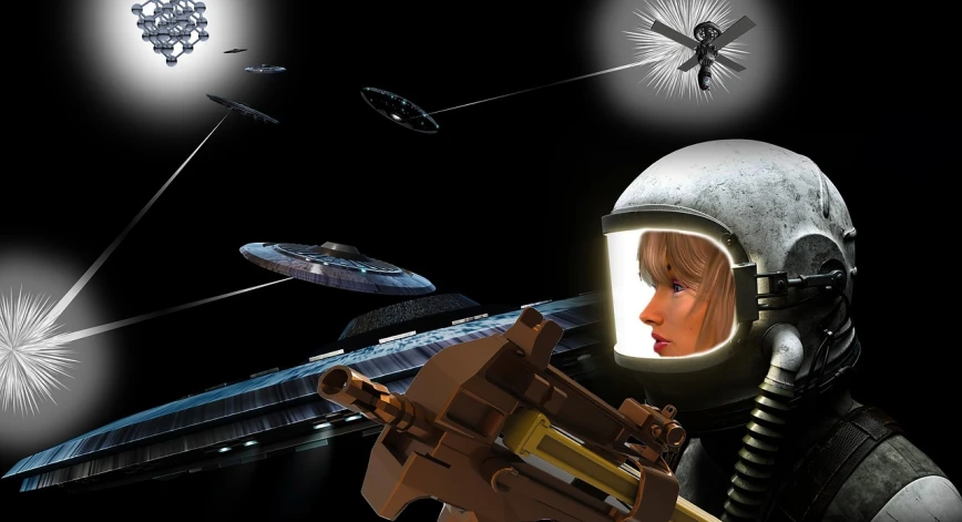 a woman in a space suit holding a gun, digital art, inspired by Jim Burns, space art, with spaceships in the sky, cylon, dogfighting a ufo with lasers, trending on mentalray