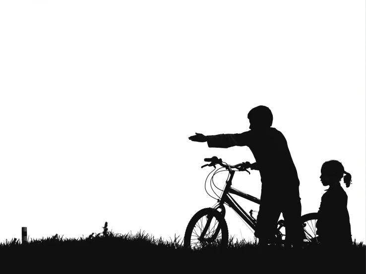 a man standing next to a little girl with a bike, a picture, pixabay, silhouette, attacking, wallpaper - 1 0 2 4, black white