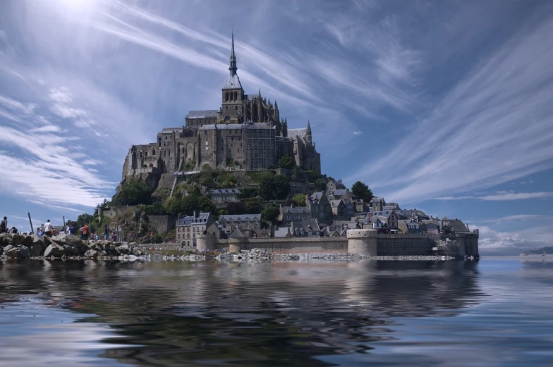 a large castle sitting on top of a body of water, a detailed matte painting, by Raphaël Collin, pixabay, renaissance, taken on go pro hero8, normandy, photo taken in 2018, island floating in the sky